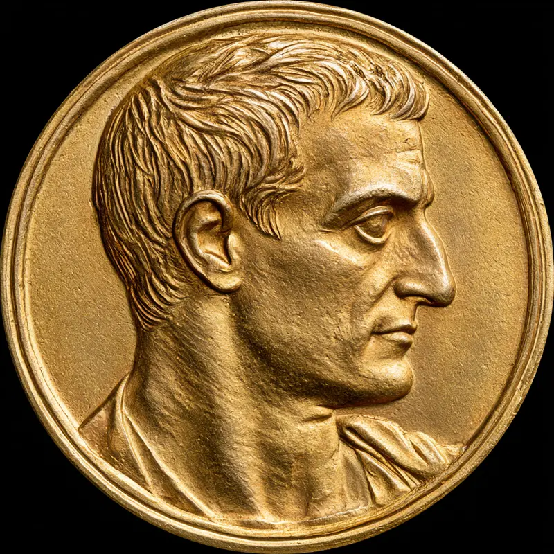 Detailed gold sculpture medallion of a man's profile with classical features