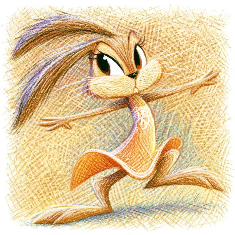 Dynamic colored pencil sketch of a lively cartoon rabbit character leaping