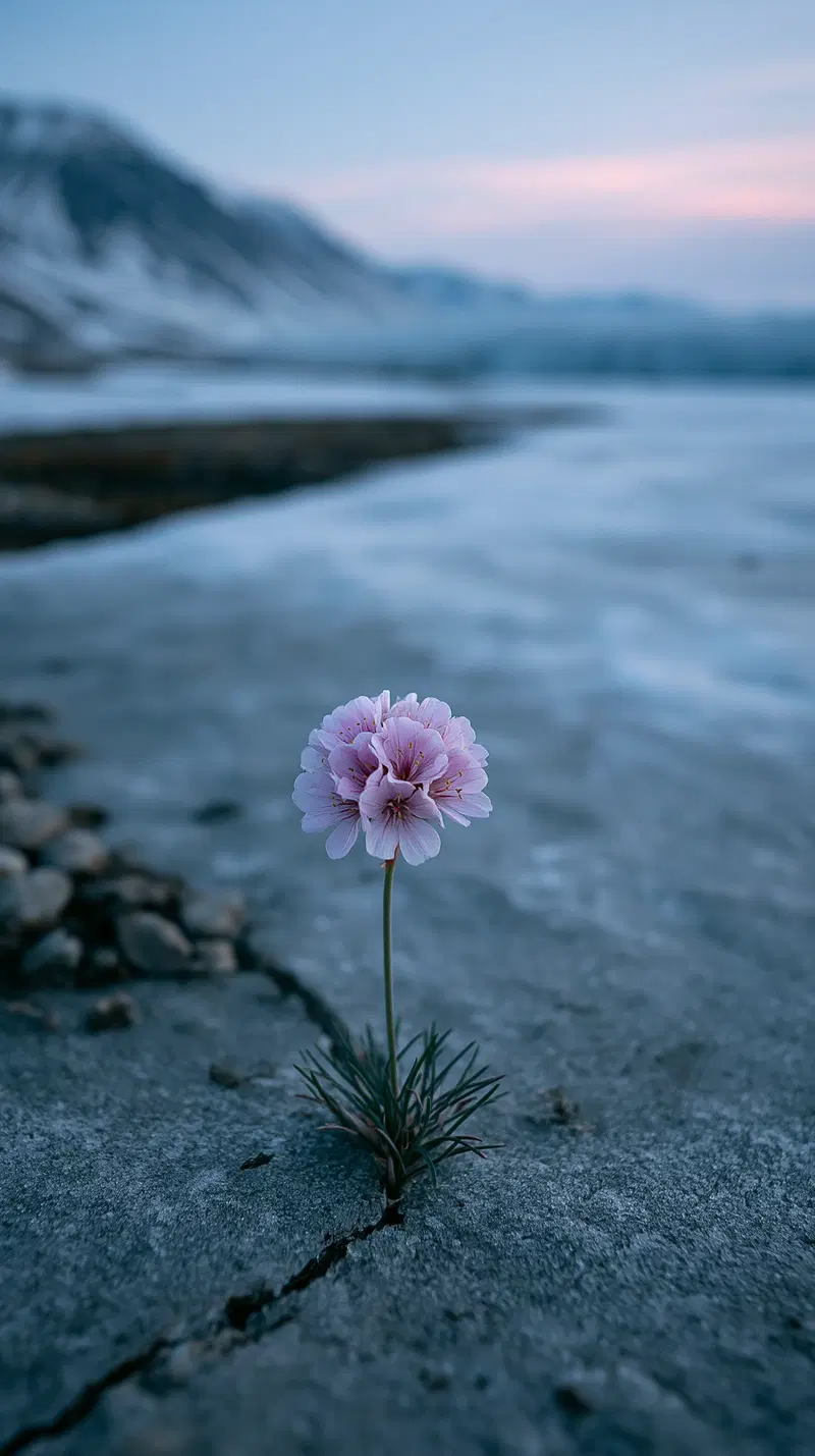 Delicate wildflower growing through cracked frozen earth in serene landscape