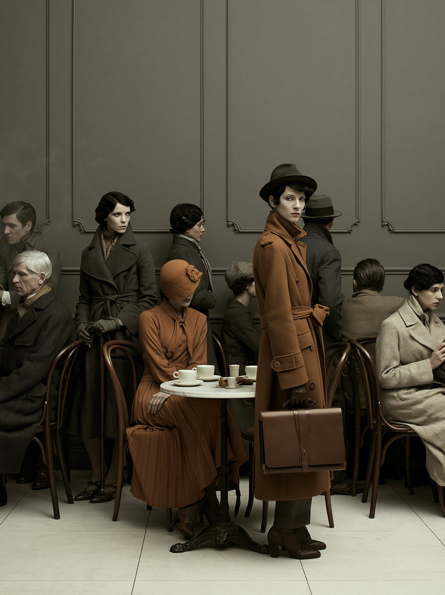 Several individuals dressed in 1920s-1930s fashion posed in a café with muted gray walls and wooden chairs, including a woman standing with a briefcase, and a table with teacups and pastries