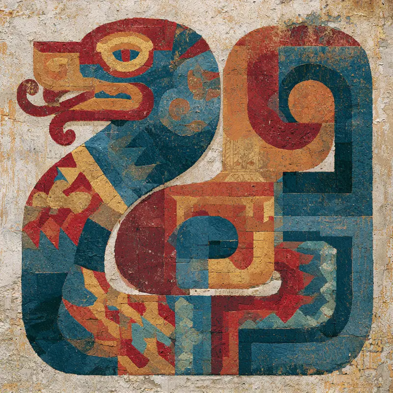 Ancient mythological serpent depicted in vibrant geometric mural style