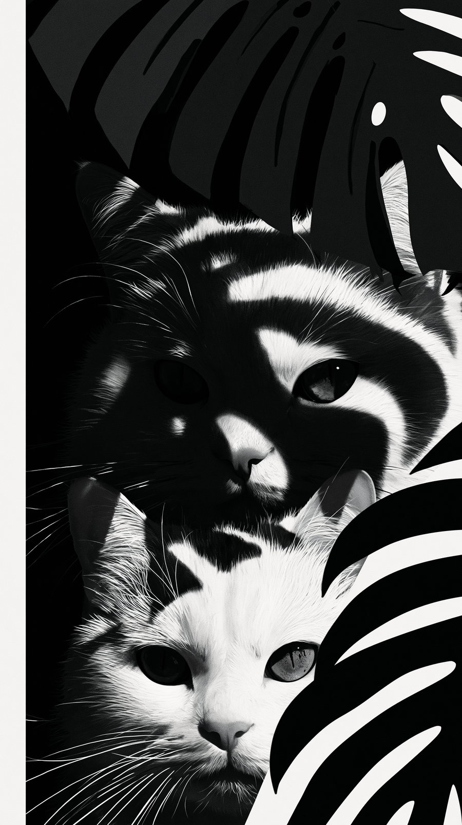 A high-contrast black and white photo showing two cats' faces peeking through large tropical leaves, with dramatic shadows and highlights accentuating their fur and eyes.