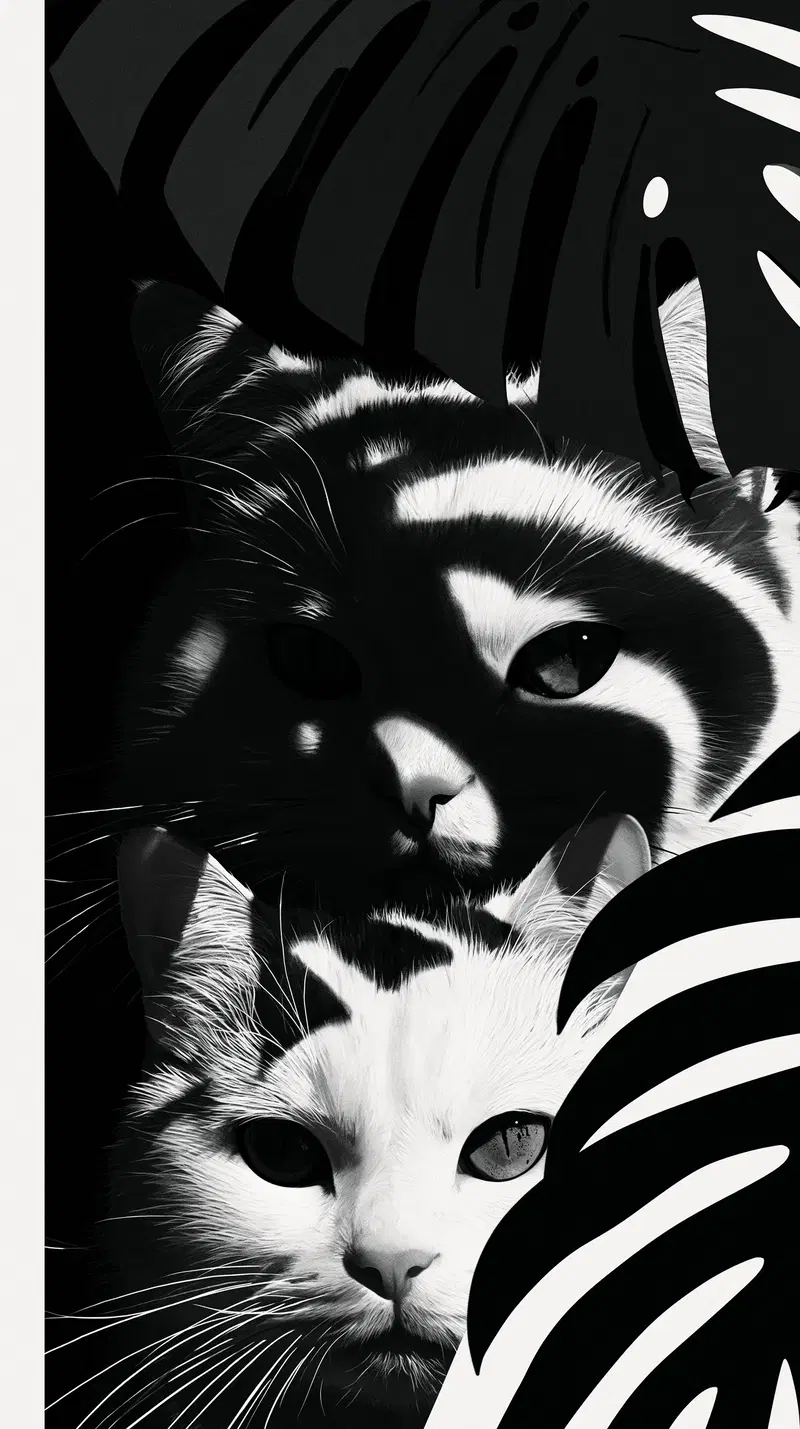 Black and white photograph of two cats partially hidden behind tropical leaves