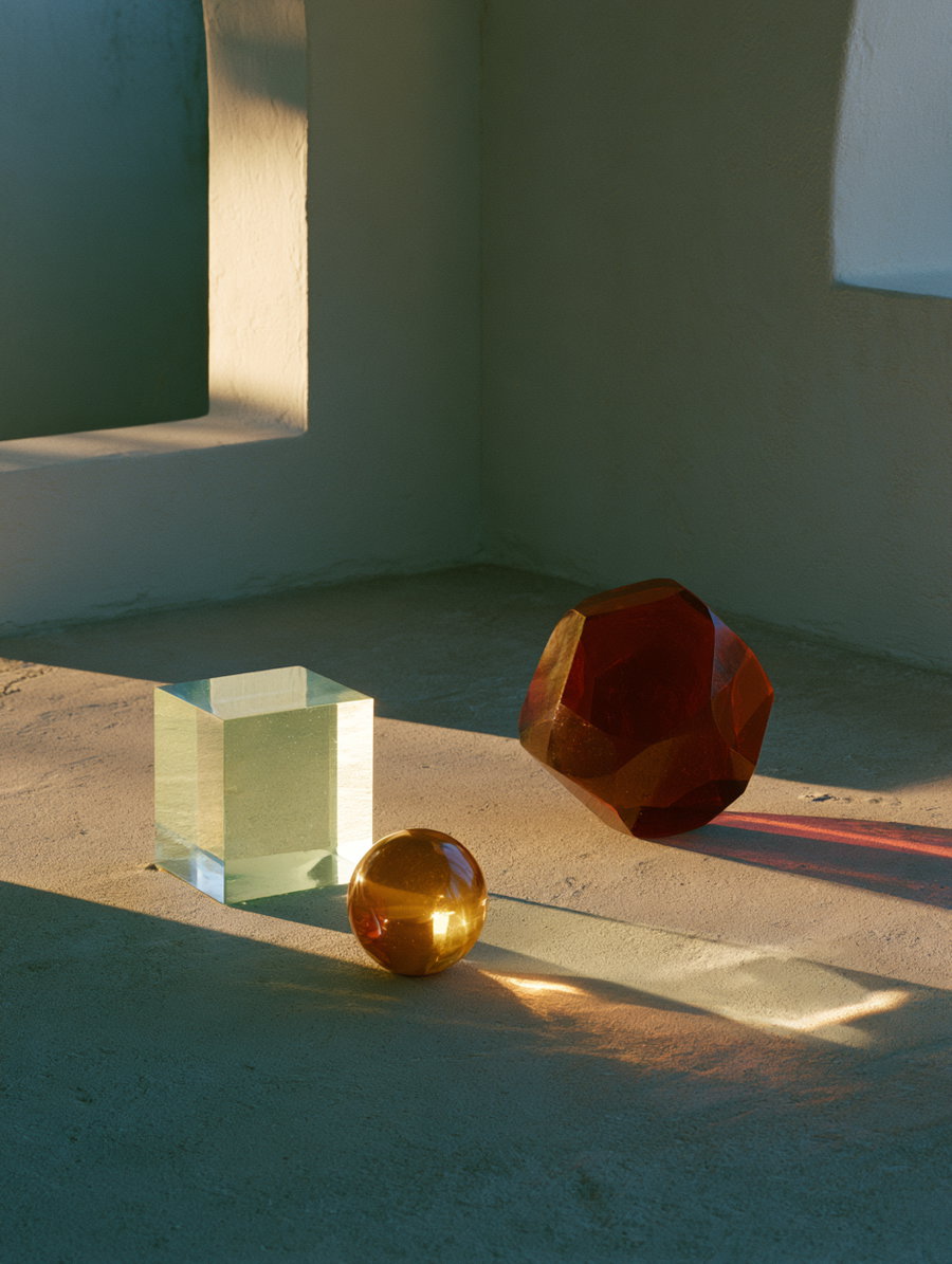 Glass and crystal geometric shapes including a clear cube, amber sphere, and amber faceted polyhedron placed on a textured surface with dramatic shadows and light reflections