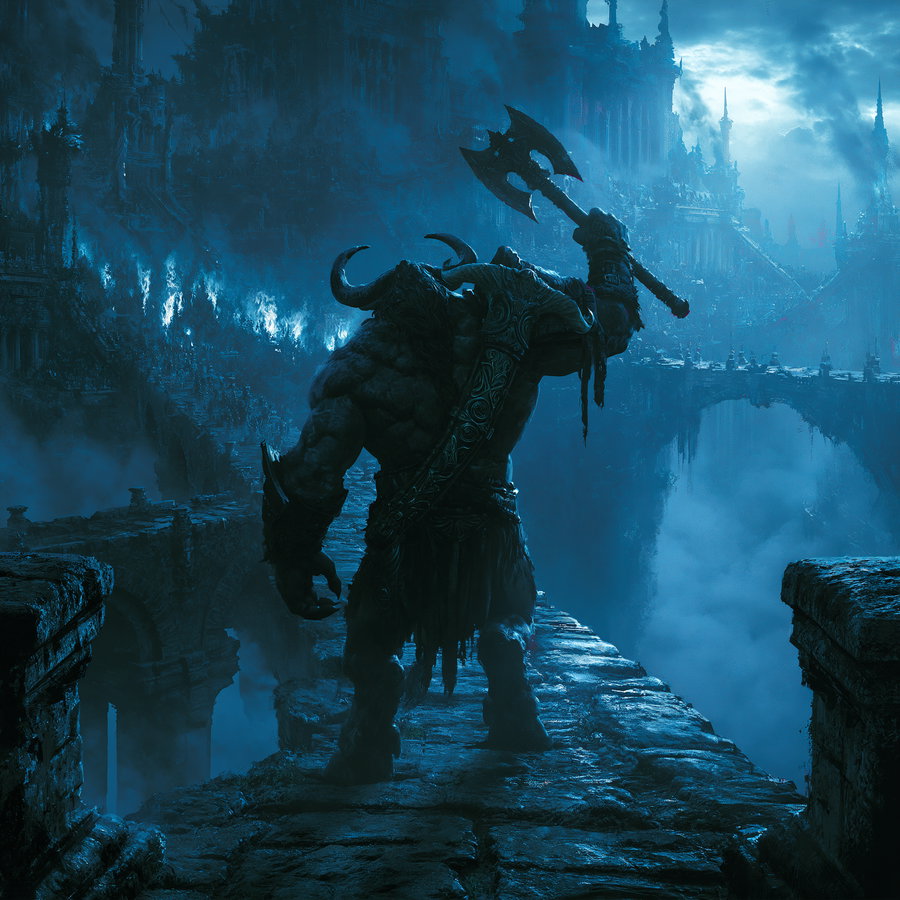A large horned warrior holding a battle axe stands on an ancient stone bridge amidst dark, misty ruins and a glowing blue atmospheric background