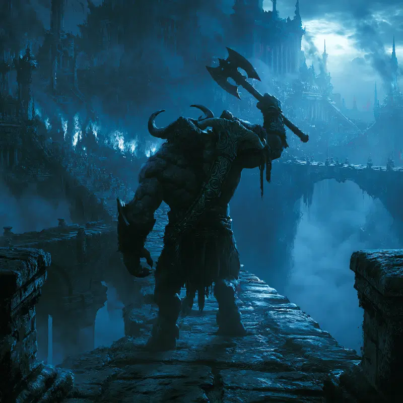 Epic dark fantasy scene of a horned warrior standing on ancient ruins