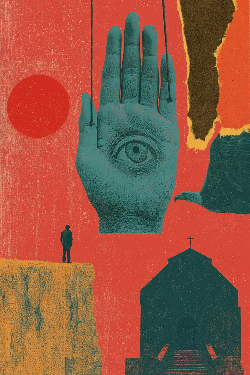 Surreal Collage Featuring a Hand with an Eye and Other Symbolic Elements
