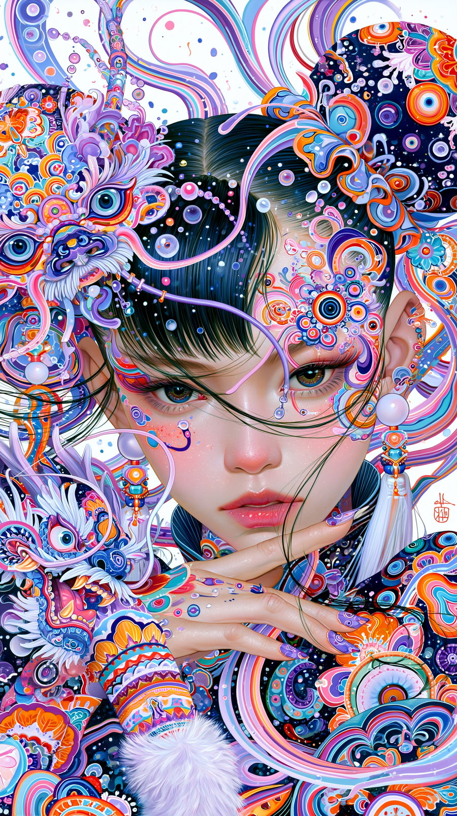 A close-up of a female face surrounded by intricate, colorful swirling patterns and stylized dragon figures in a fantasy art style, with bright purples, oranges, and blues.
