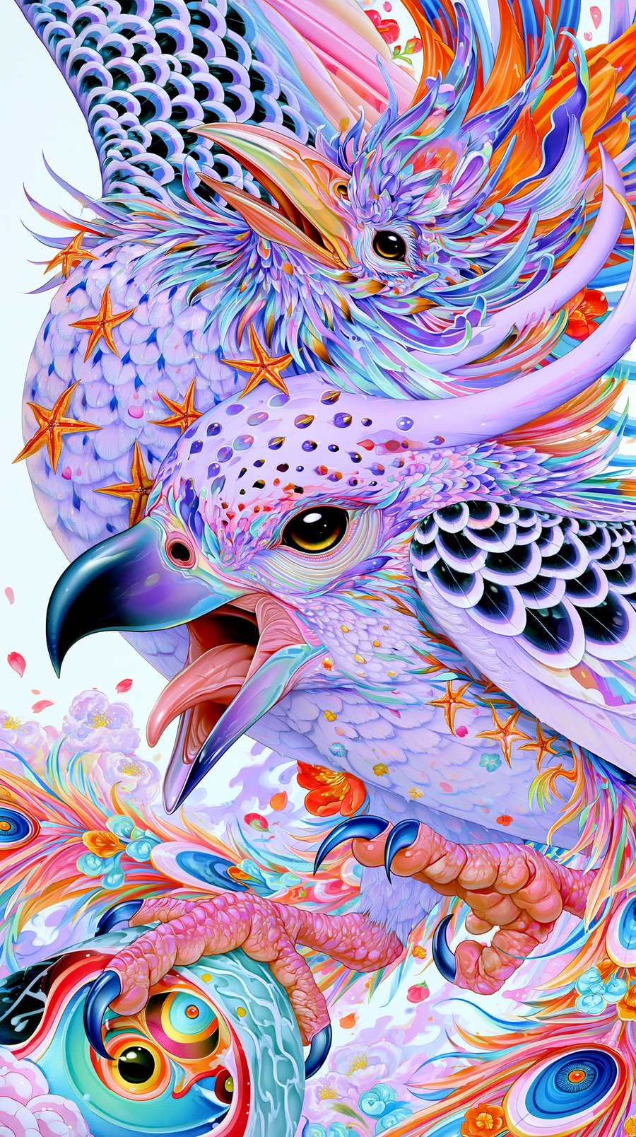 A colorful fantasy-style bird with detailed feathers in purple, pink, orange, and blue tones, with expressive eyes and sharp claws holding a decorative orb, surrounded by floral and abstract patterns.