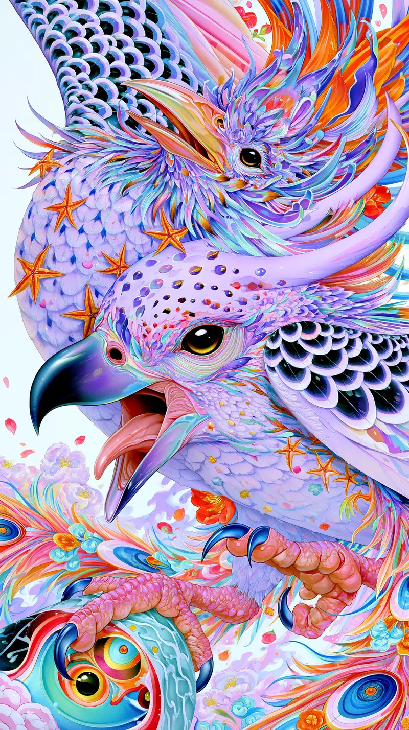 Vibrant fantasy bird with intricate feathers and claws clutching an orb