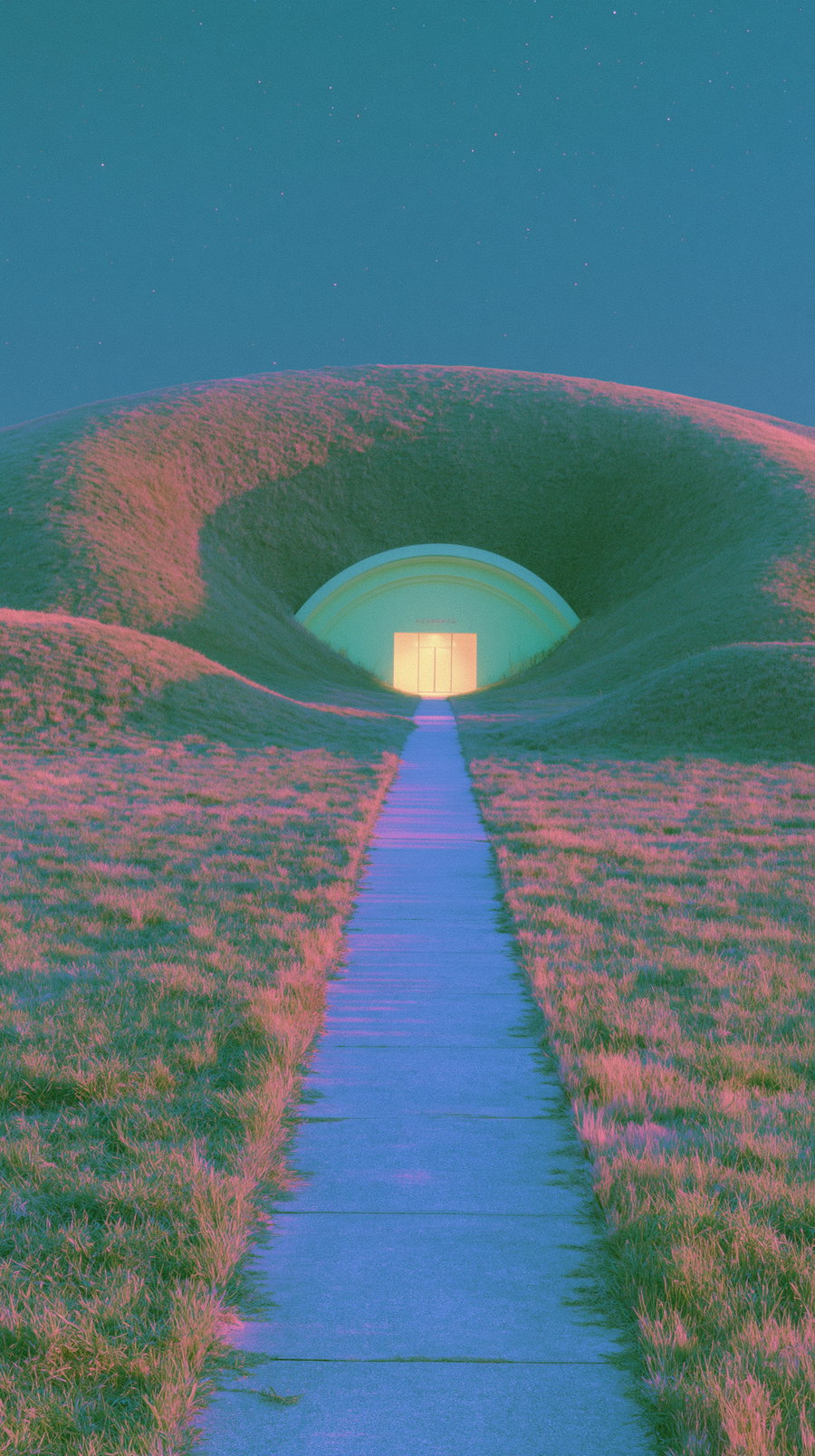 A pathway leading through grassy land to a glowing arched entrance embedded into a large grassy hill, with a clear starry sky above.
