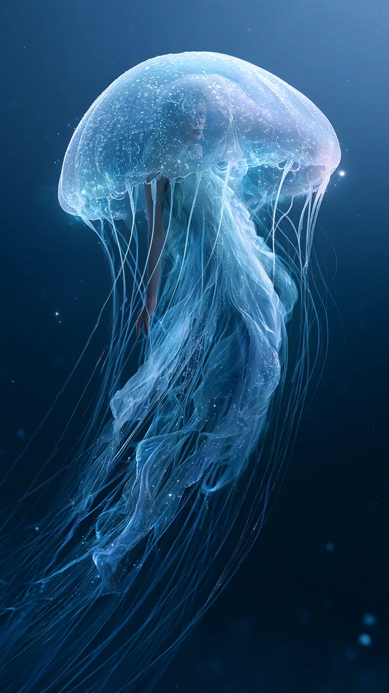 Ethereal jellyfish with a human figure inside floating in deep ocean