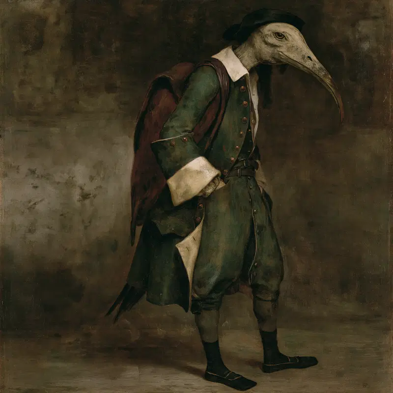 Dark fantasy portrait of humanoid bird figure in vintage clothing