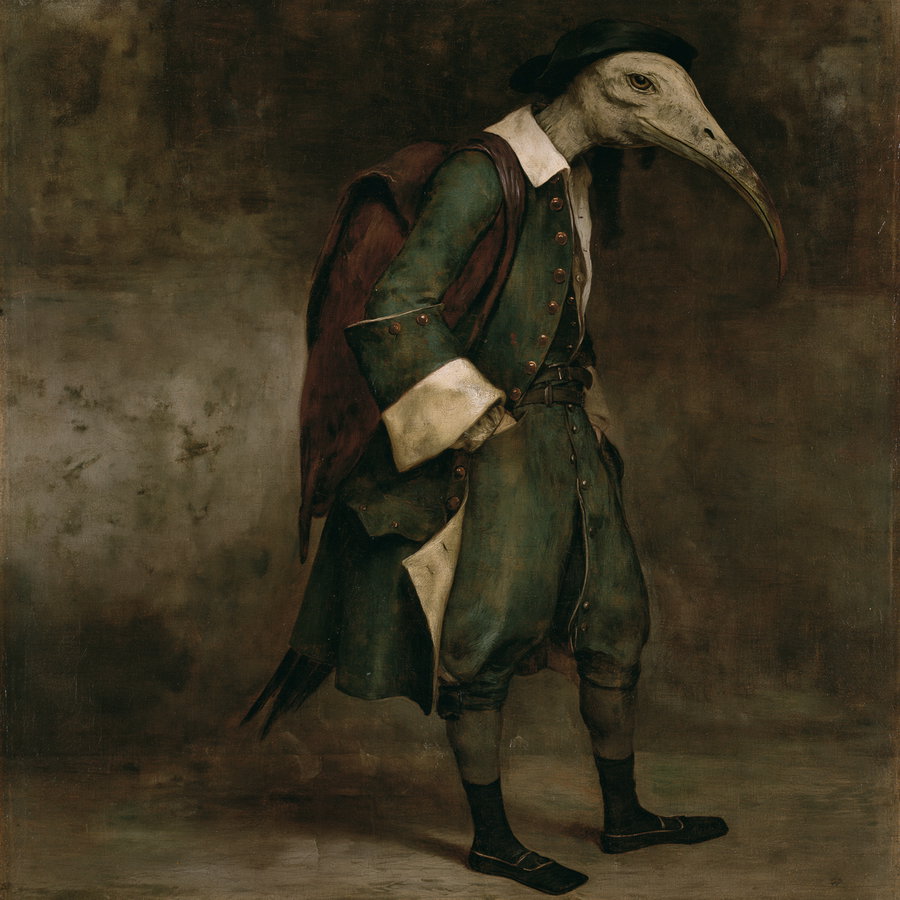 A dark fantasy painting depicting a humanoid figure with a bird-like head wearing vintage 17th-century style attire with green coat and white collar, standing against a muted brown background.
