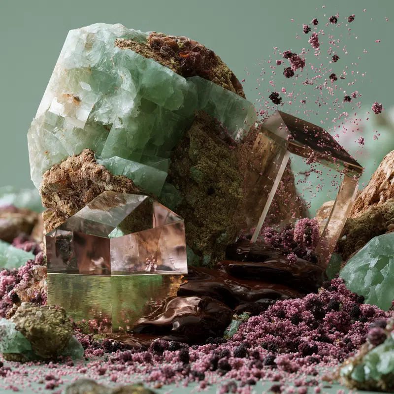 Surreal Composition of Crystals, Rocks, and Abstract Elements with Brown and Pink Accents