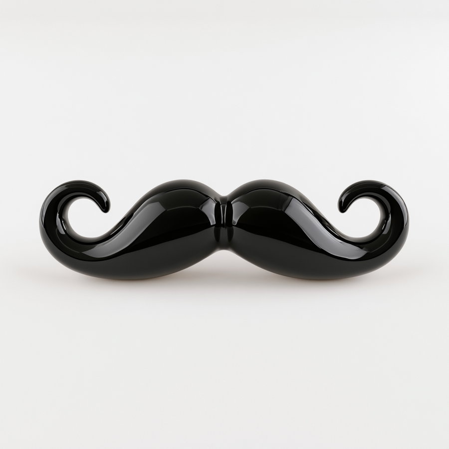 A shiny, black ceramic sculpture shaped like a curled mustache with two symmetrical sweeping curls on each side, placed against a plain white background.