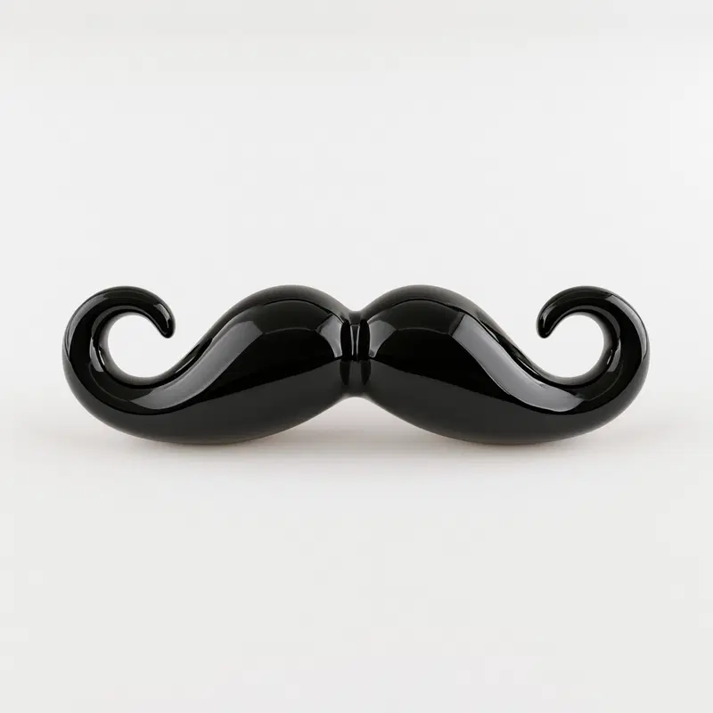 Glossy black ceramic sculpture of a shining curled mustache on white background