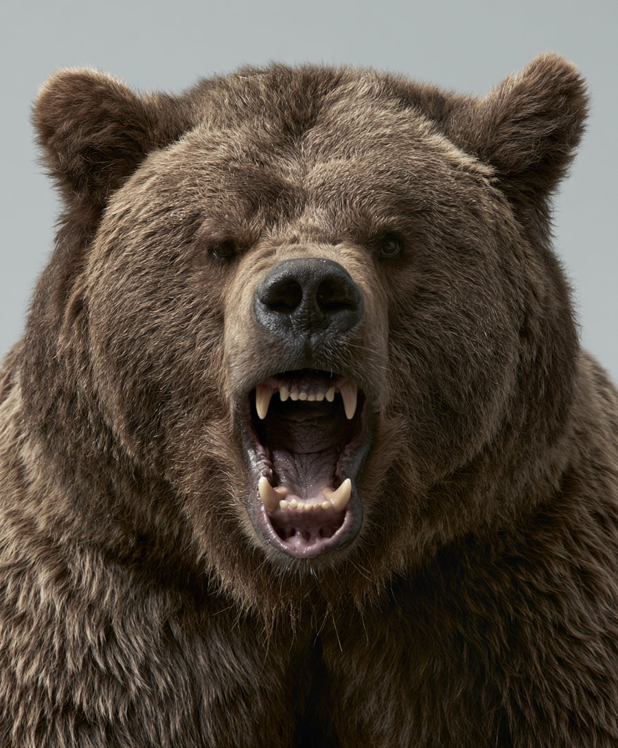 Close-up image of a brown bear with its mouth open, showing sharp teeth and detailed fur