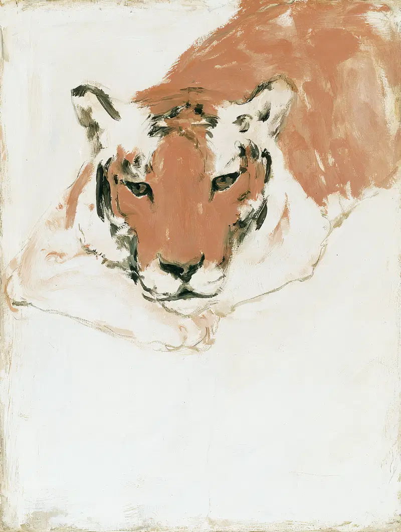 Expressive painting of a resting lion with minimal details and muted colors