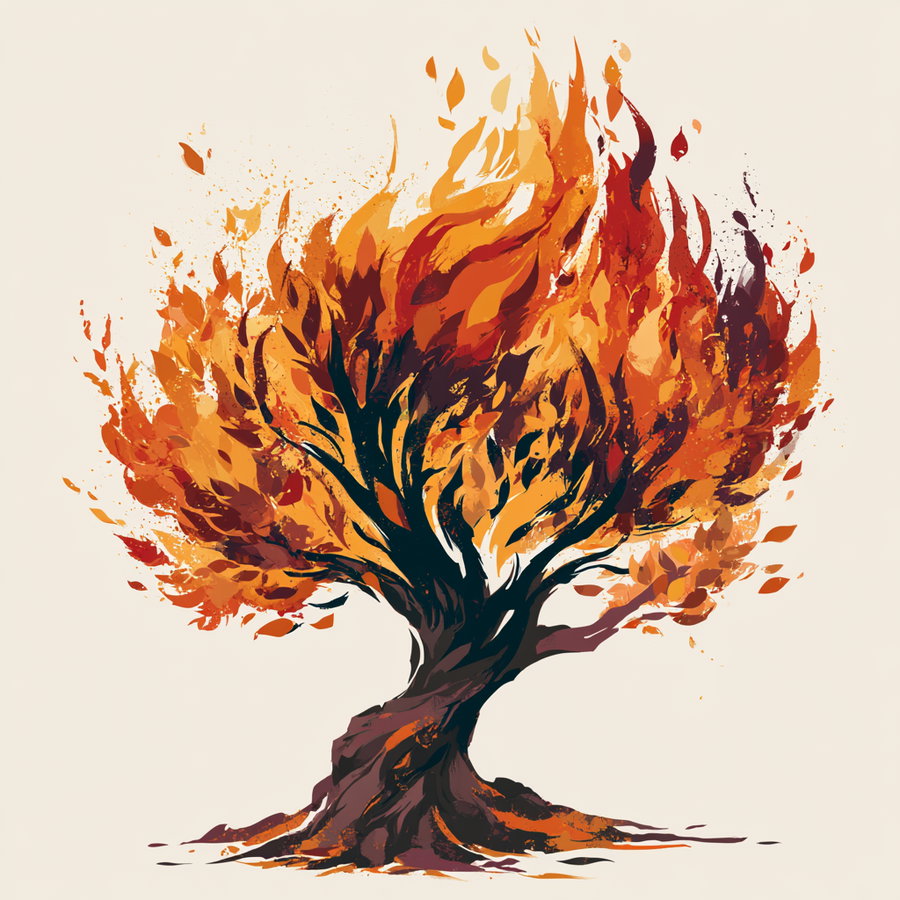 A digital artwork of a tree with vibrant orange, red, and yellow flames forming its leaves, set against a light beige background