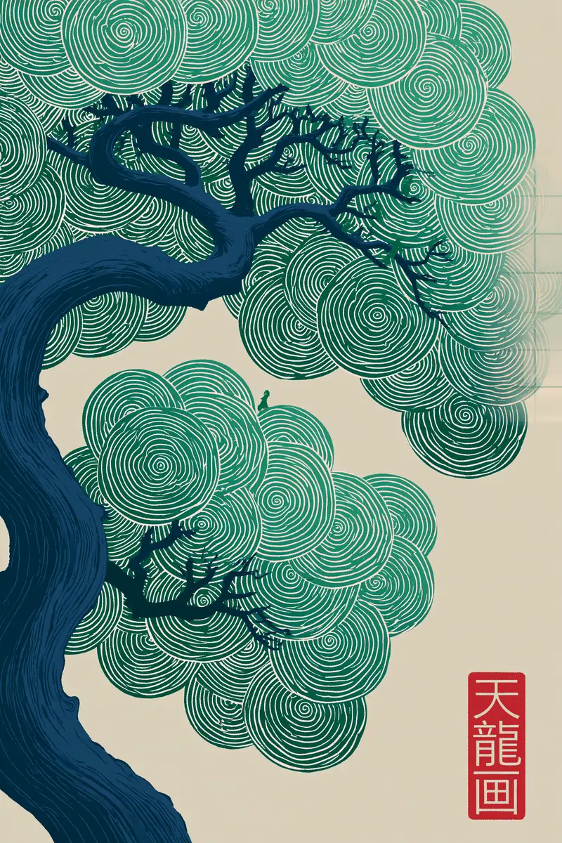 Stylized illustration of a tree with swirling circular leaves and a calligraphy seal