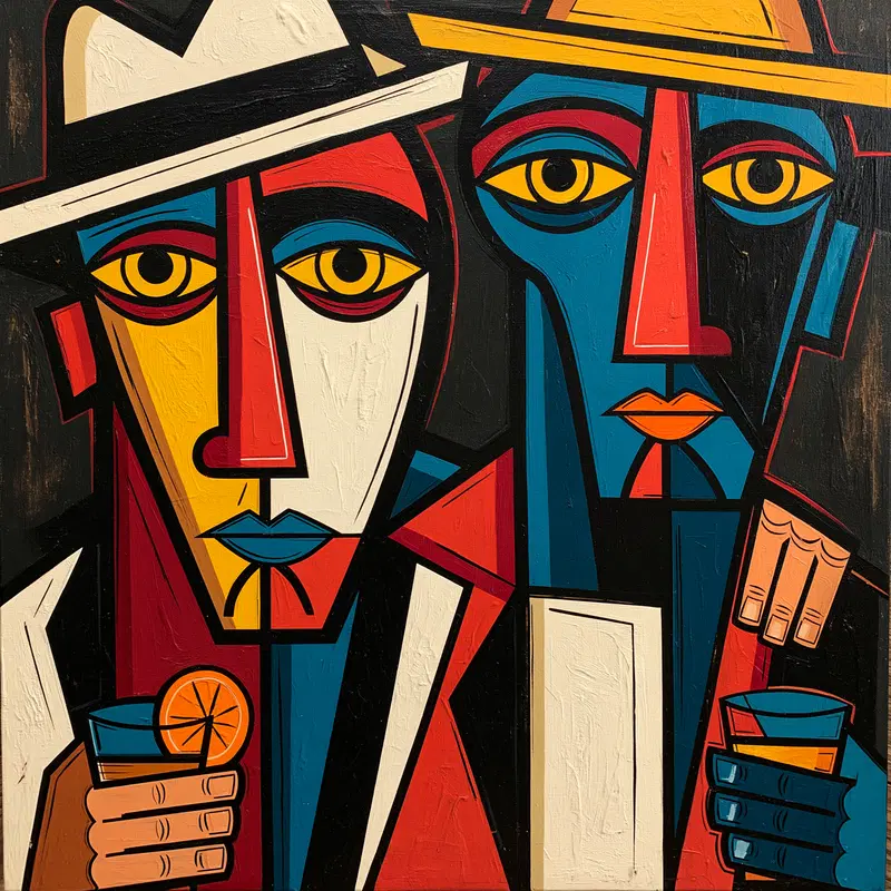 Cubism style abstract painting of two figures holding drinks with geometric shapes