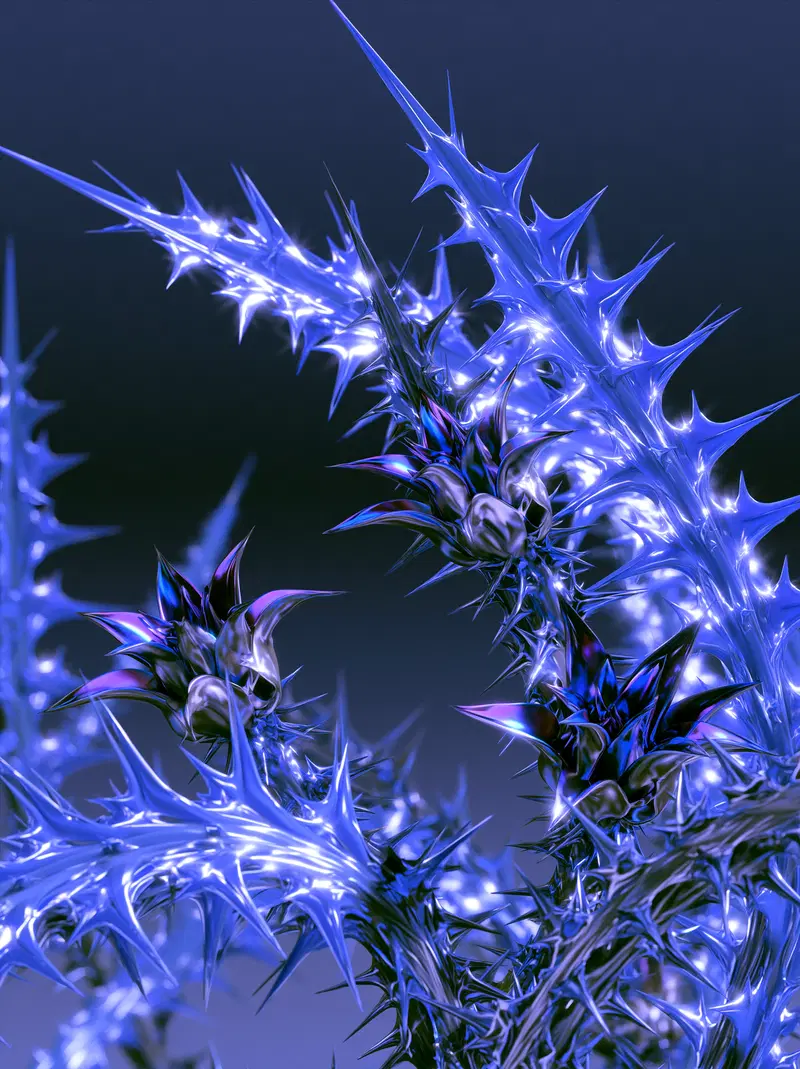 Intricate digital art featuring sharp, metallic blue spiked structures