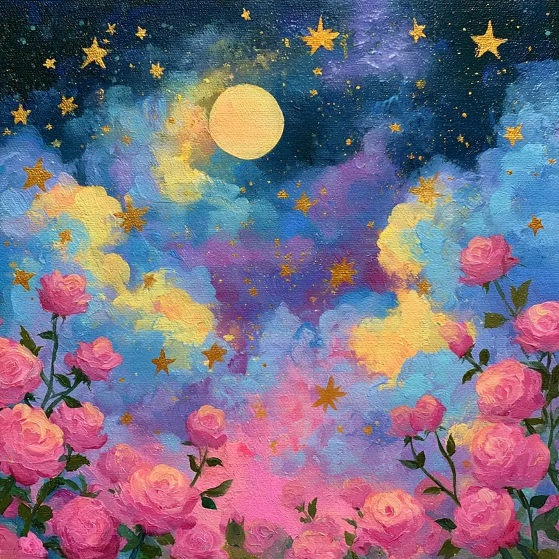 Colorful dreamlike night sky with golden stars and blooming roses