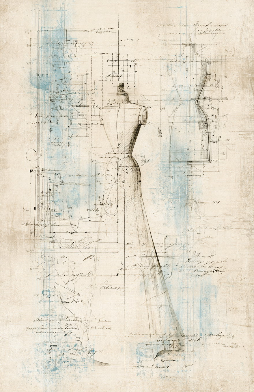 a vintage style sketch of a dress form mannequin with detailed technical drawings and measurements, featuring blue highlights on a textured beige background
