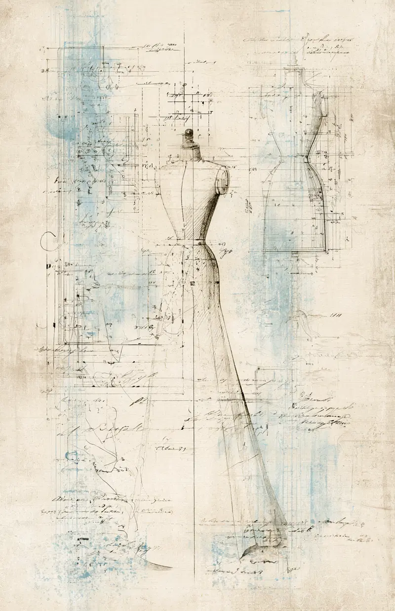Detailed vintage fashion dressmaking sketches on textured paper