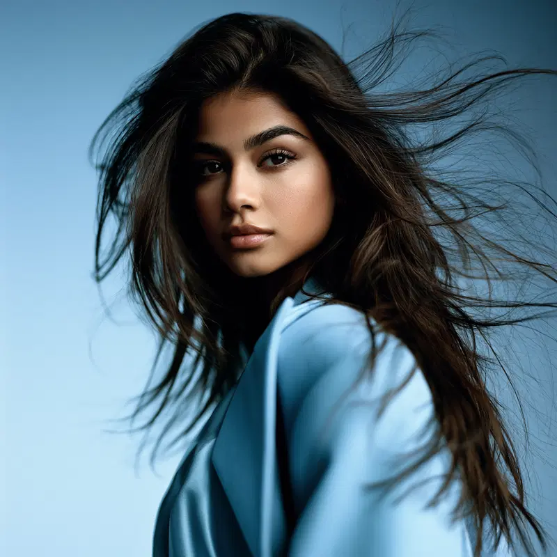 Portrait of a young woman with flowing hair against a blue background