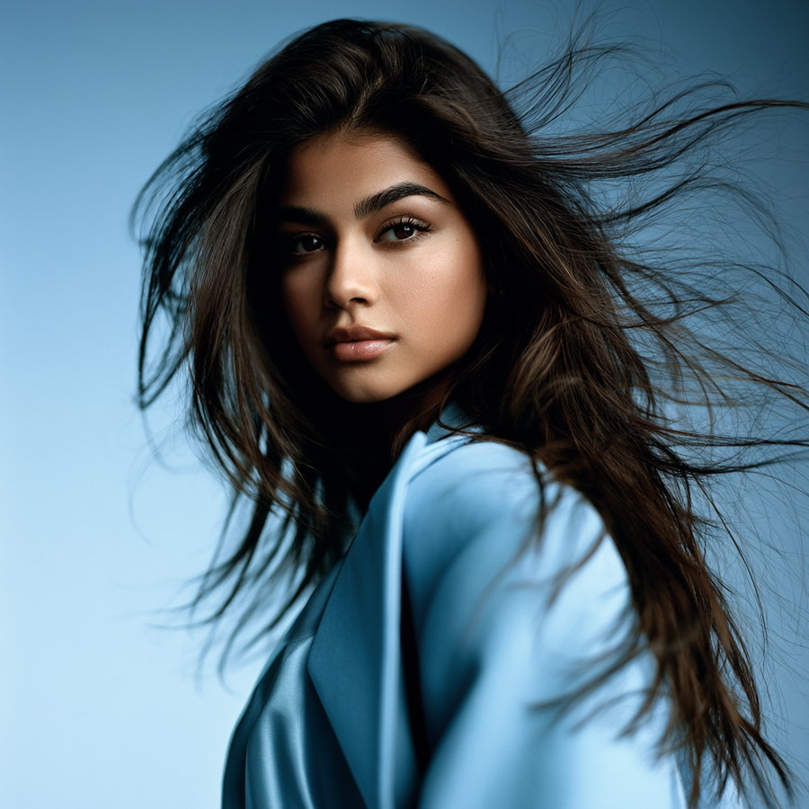 Close-up portrait of a young woman with long, tousled dark hair wearing a light blue garment, set against a blue background