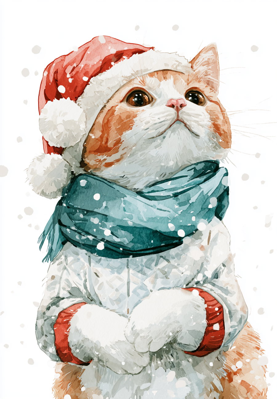 A watercolor illustration of an orange and white cat dressed in a red Santa hat, blue scarf, and white sweater, with snow falling around it