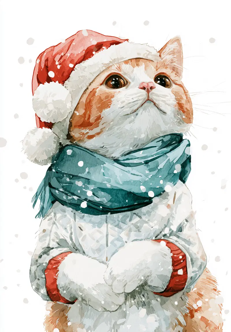 Watercolor painting of a cat wearing a Santa hat and scarf in the snow