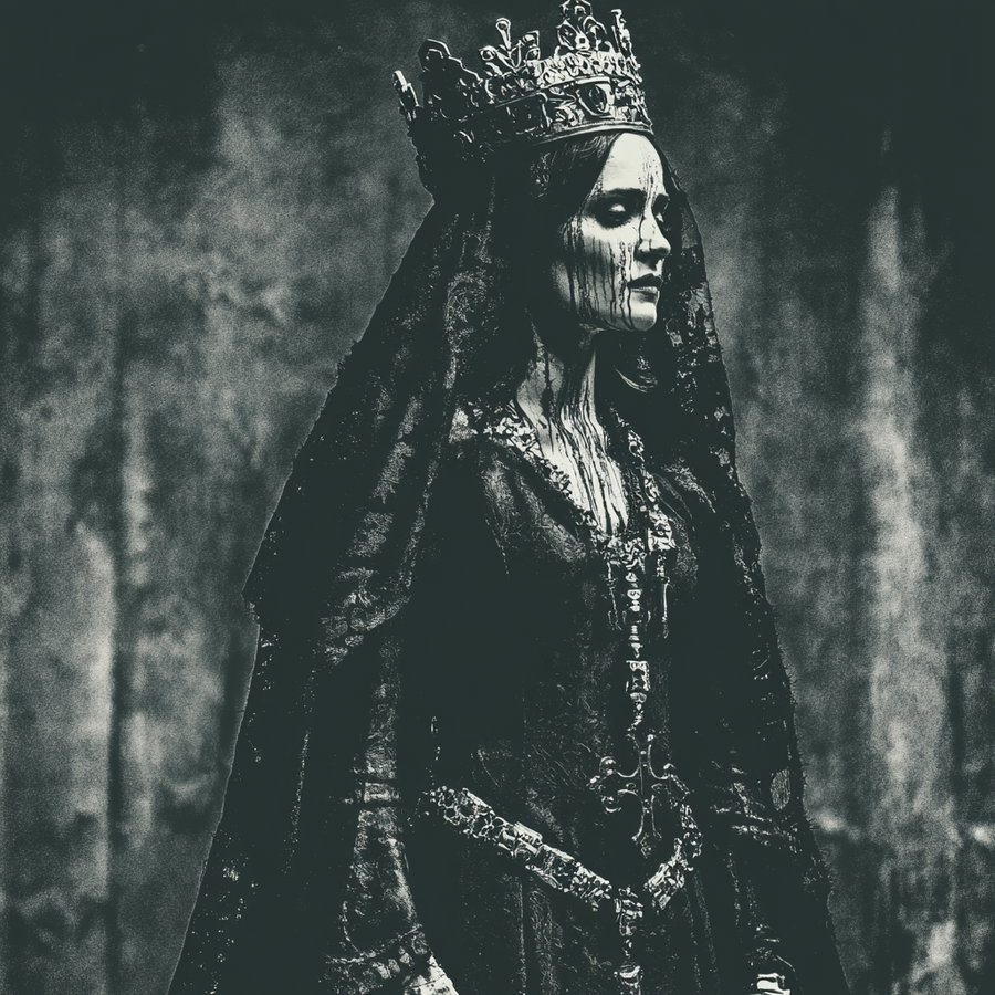 A black and white portrait of a woman in a dark ornate dress and crown with a lace veil, makeup or paint dripping down her face, set against a textured dark background