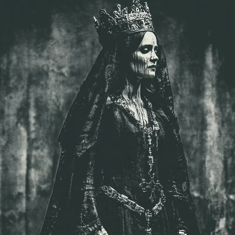 Dark fantasy portrait of a woman wearing a crown and veil with dripping makeup