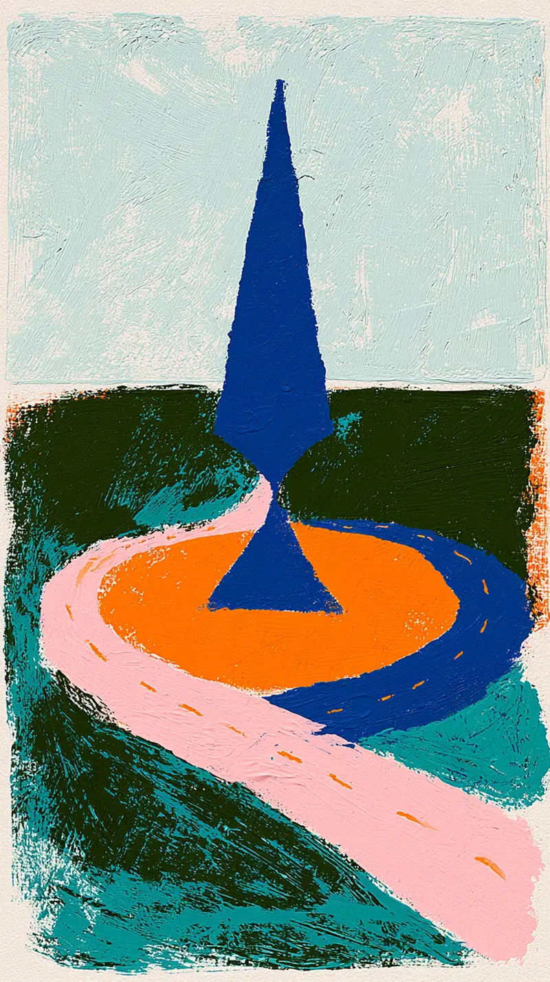 Abstract painting featuring a tall blue spire with colorful pathways