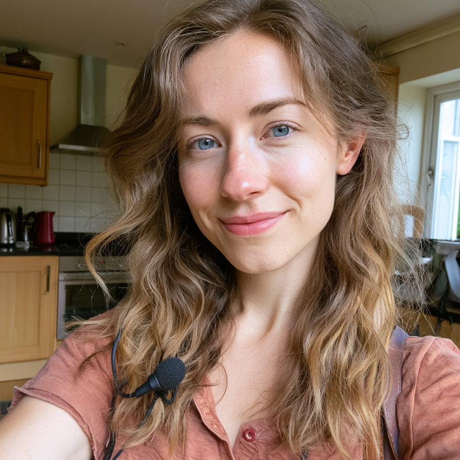 Close-up image of a young woman with wavy hair, wearing a pink shirt and a microphone, smiling in a kitchen setting