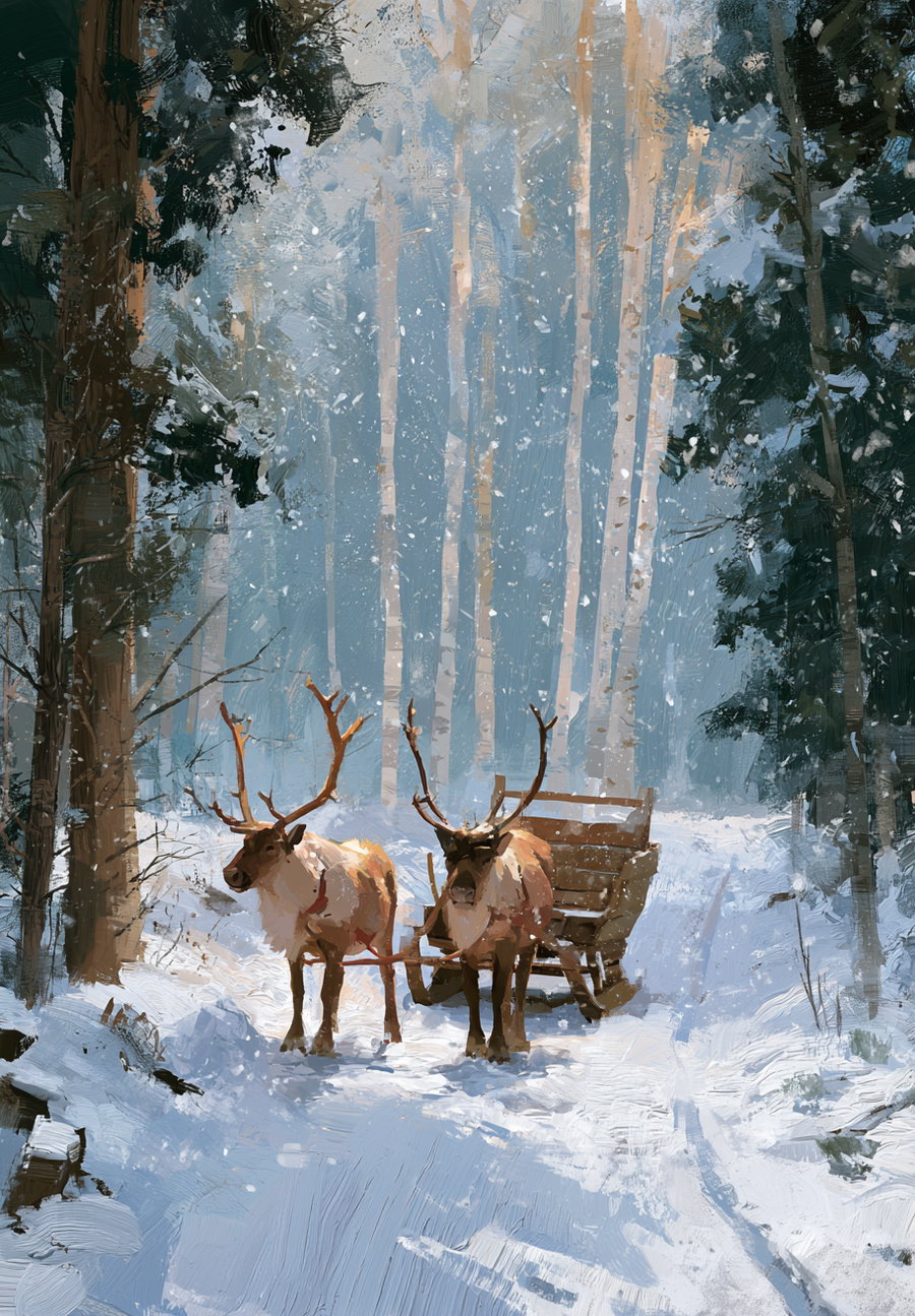 Painting of two reindeer harnessed to a wooden sled in a snowy forest with birch and evergreen trees, snow falling gently