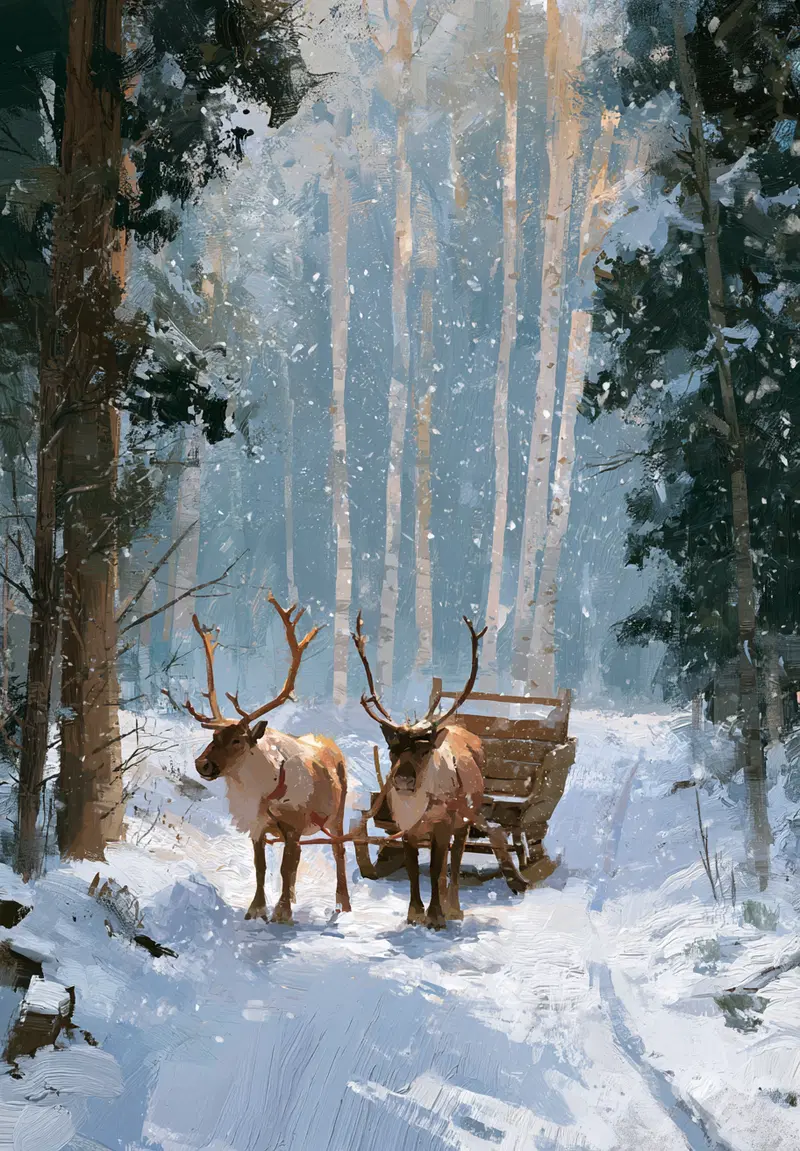 A Winter Scene with Reindeer Pulling a Sled through Snowy Forest
