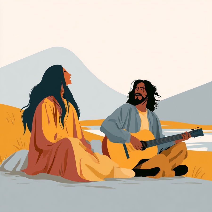 A digital illustration showing a woman in an orange dress and a man playing a guitar, both sitting on a rock with hills and water in the background