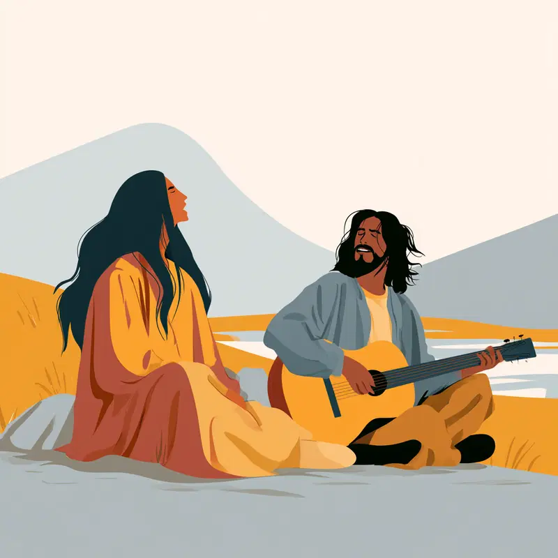 Illustration of a man playing guitar and a woman sitting outdoors by a lake