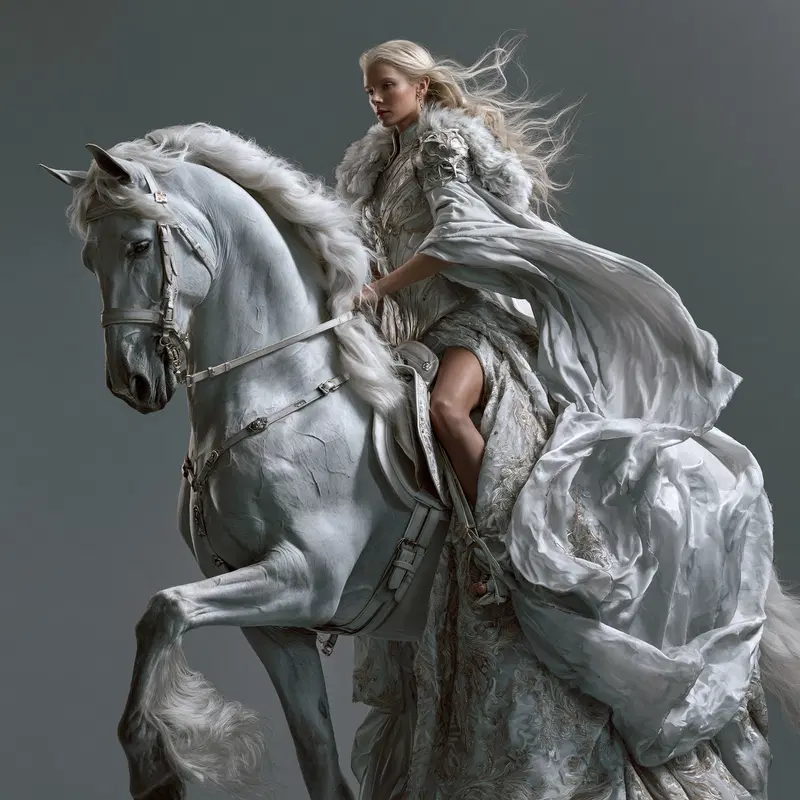 Elegant woman in flowing ornate gown riding a majestic white horse