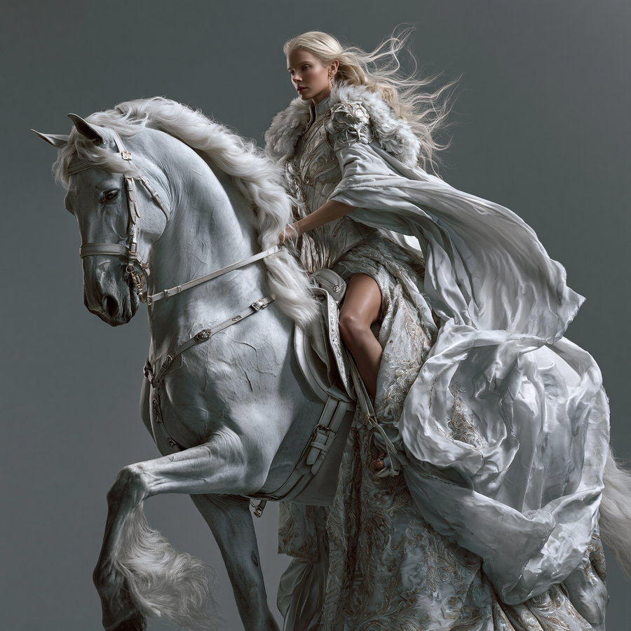 A woman with long blonde hair wearing a detailed white and gold embroidered flowing gown riding a white horse with braided mane against a plain grey background