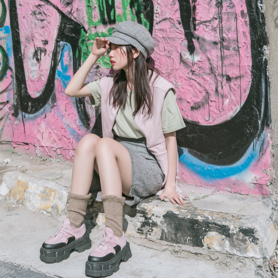 A young woman wearing a gray hat, light green t-shirt, pink vest, gray skirt, beige socks, and pink platform shoes sitting on a concrete ledge in front of a pink and black graffiti-covered wall