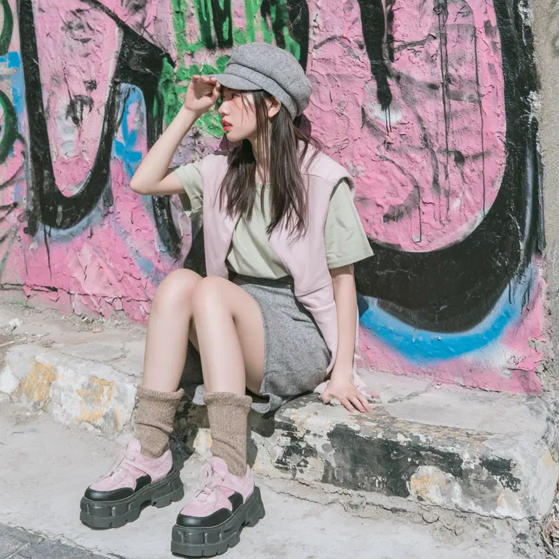 Fashionable woman posing near colorful urban graffiti wall