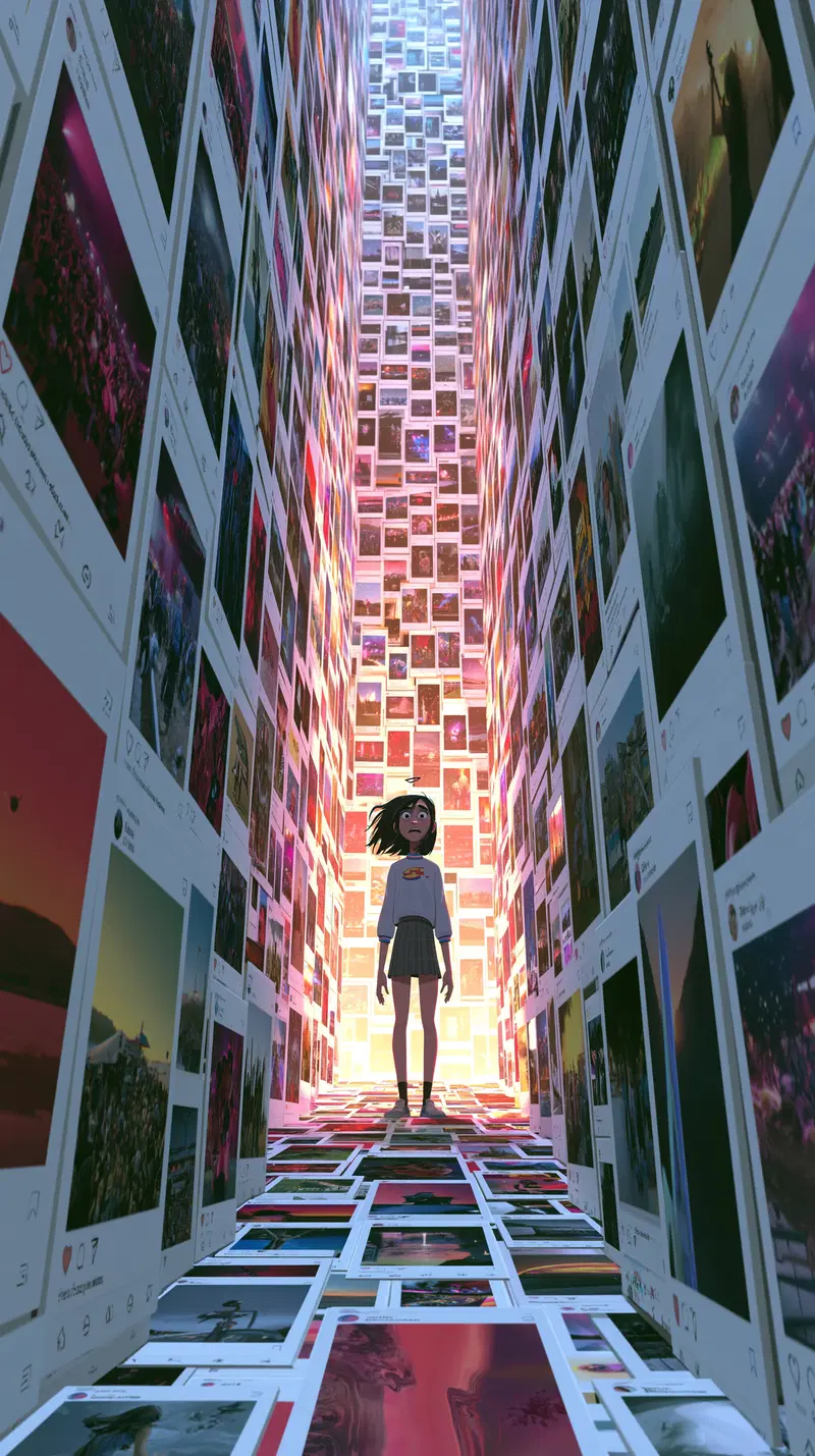 Digital artwork of a girl standing in a corridor made of glowing social media posts
