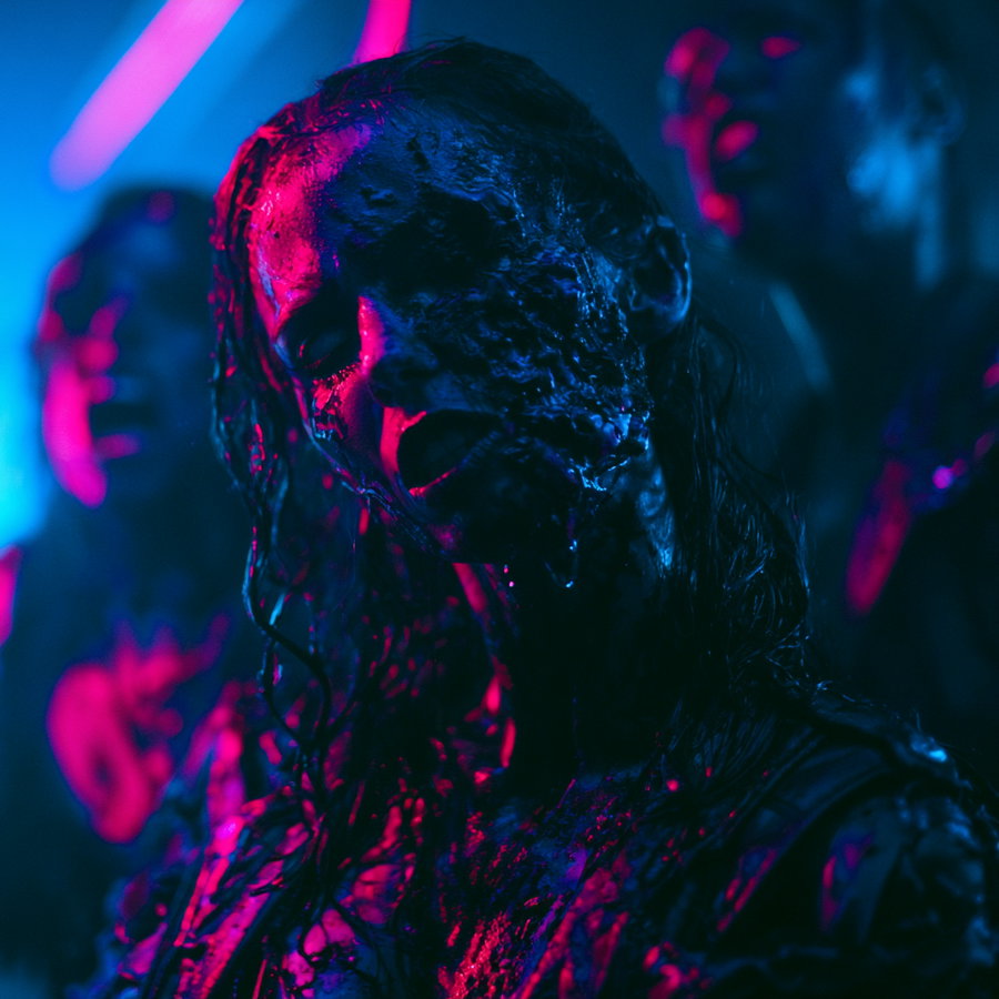 Three people illuminated by blue and pink neon lights with one person in the foreground showing a distorted face covered in a melting black substance