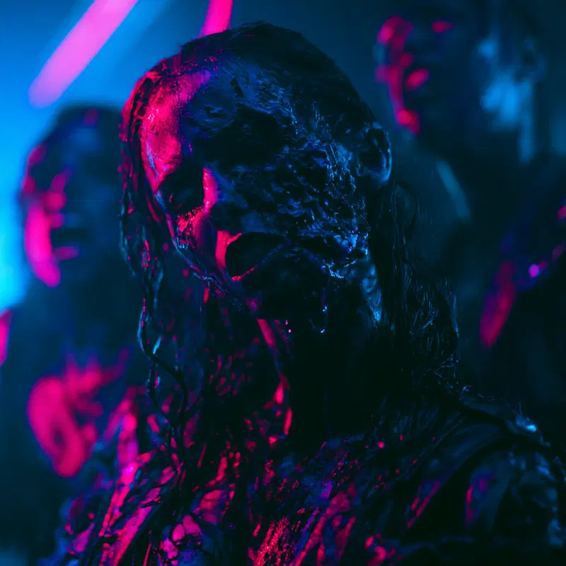 Moody dark fantasy portrait with melting face effect and neon lighting