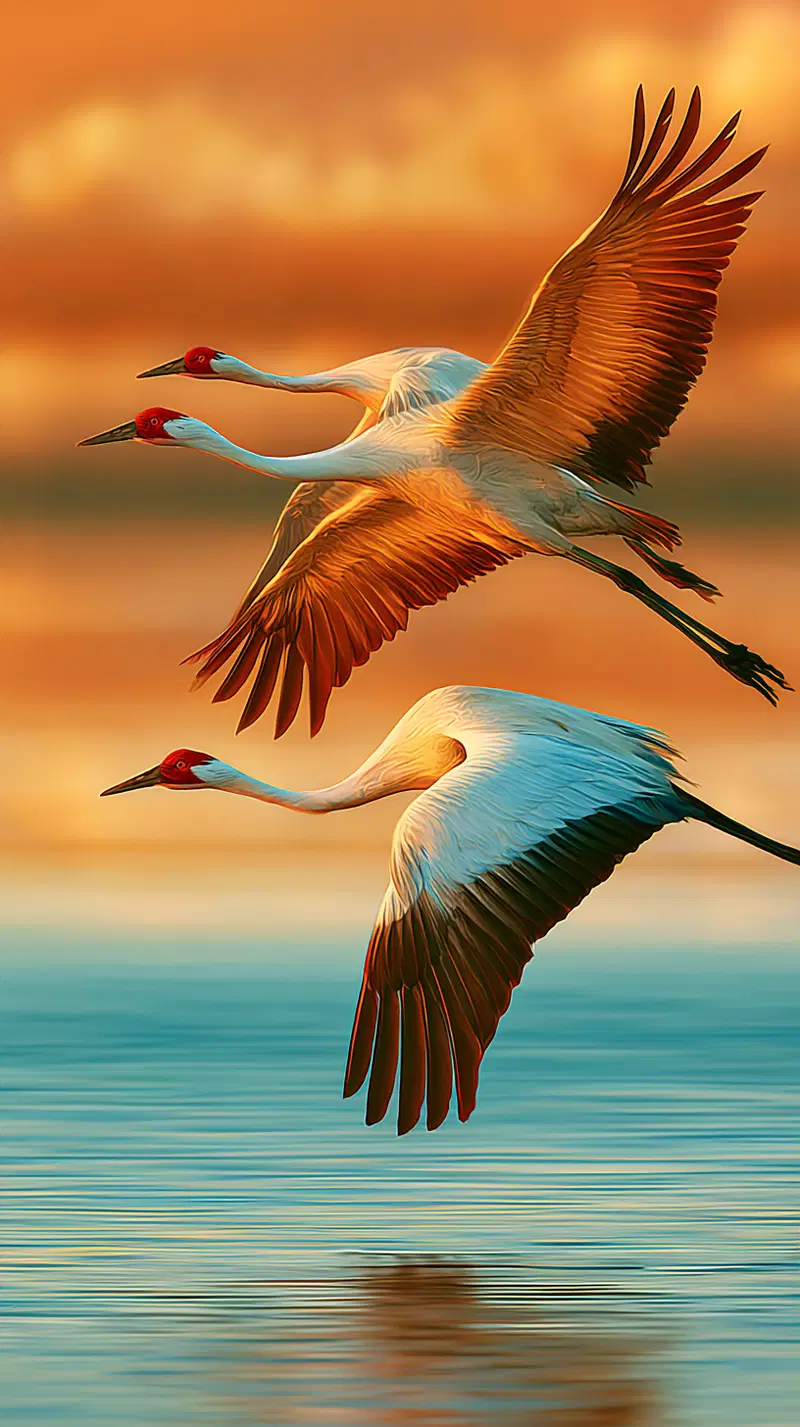 Graceful birds flying over calm water during a warm sunset